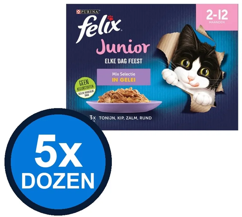 5x Felix - Elke Dag Feest Junior Mix Selectie in Gelei - Kattenvoer Natvoer - 12x85g von Felix – Produktfoto