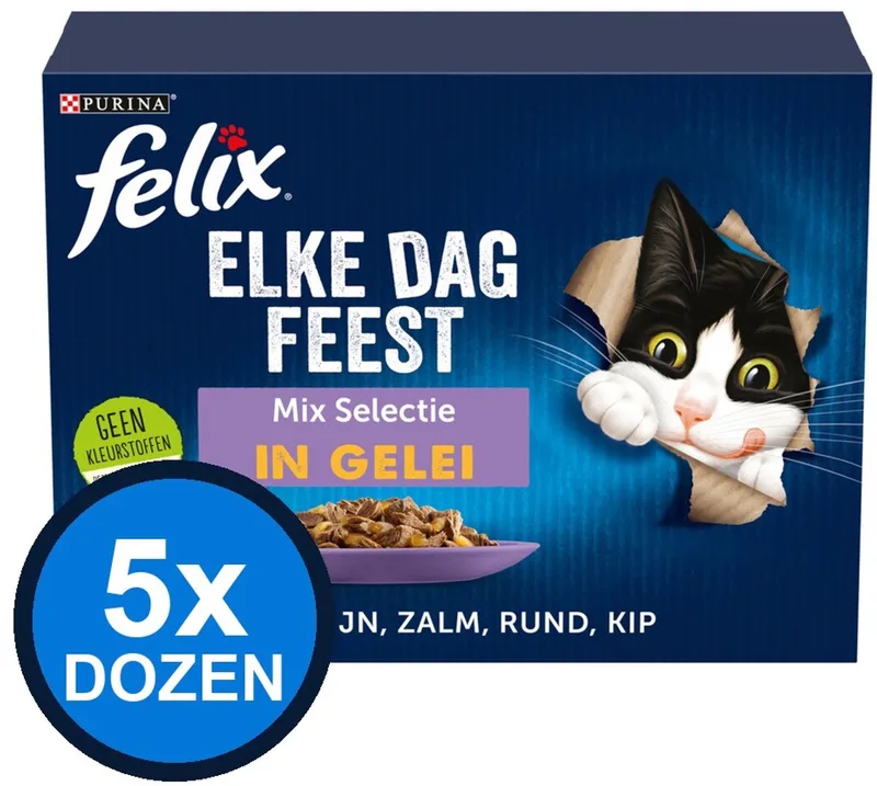 5x Felix - Elke Dag Feest Mix Selectie in Gelei - Kattenvoer Natvoer - 12x85g de Felix – photo produit