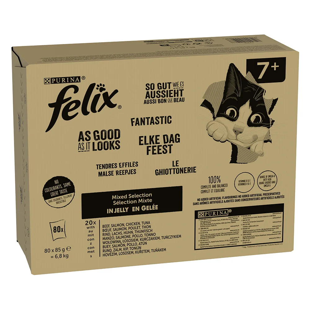 80 x 85 g Senior Mix: Rund, Zalm, Kip, Tonijn Felix kattenvoer von Felix – Produktfoto