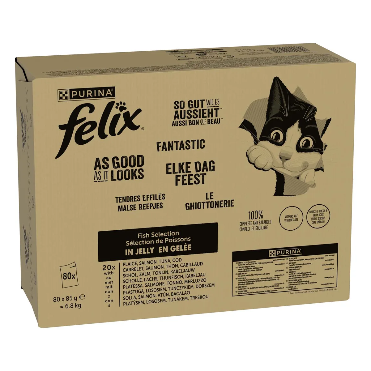 80 x 85 g Vis Mix: Tonijn, Zalm, Kabeljauw, Koolvis Felix Kattenvoer de Felix – photo produit