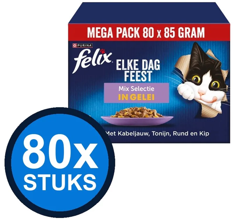 80x Felix Elke Dag Feest - Mix Selectie in Gelei - Mega Pack - Kattenvoer - 85g by Felix – product photo