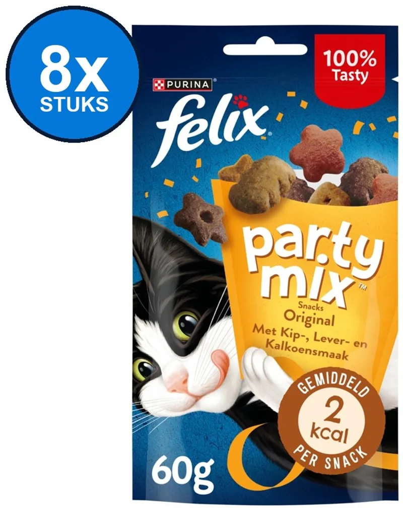8x Felix Party Mix - Original - Kattensnack - Mix Kip, Lever & Kalkoen - 60g de Felix – photo produit
