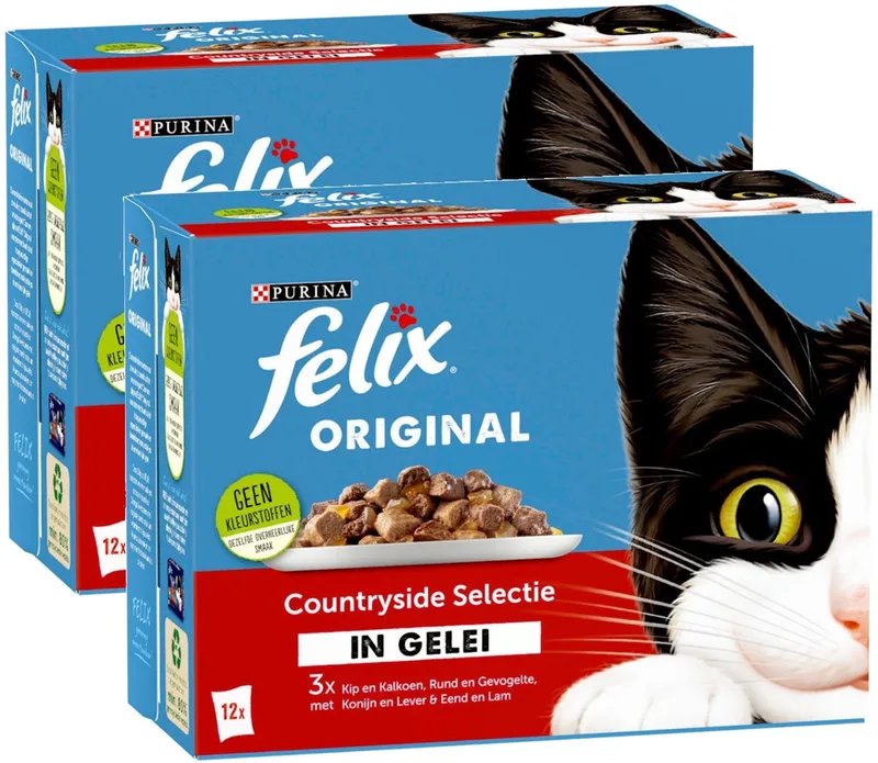 Countryside In Gelei - Kip en Kalkoen & Rund en Gevogelte & Konijn en Lever & Eend en Lam - Multipack - Kattenvoer - 2040g (2x12x85g) by Felix – product photo