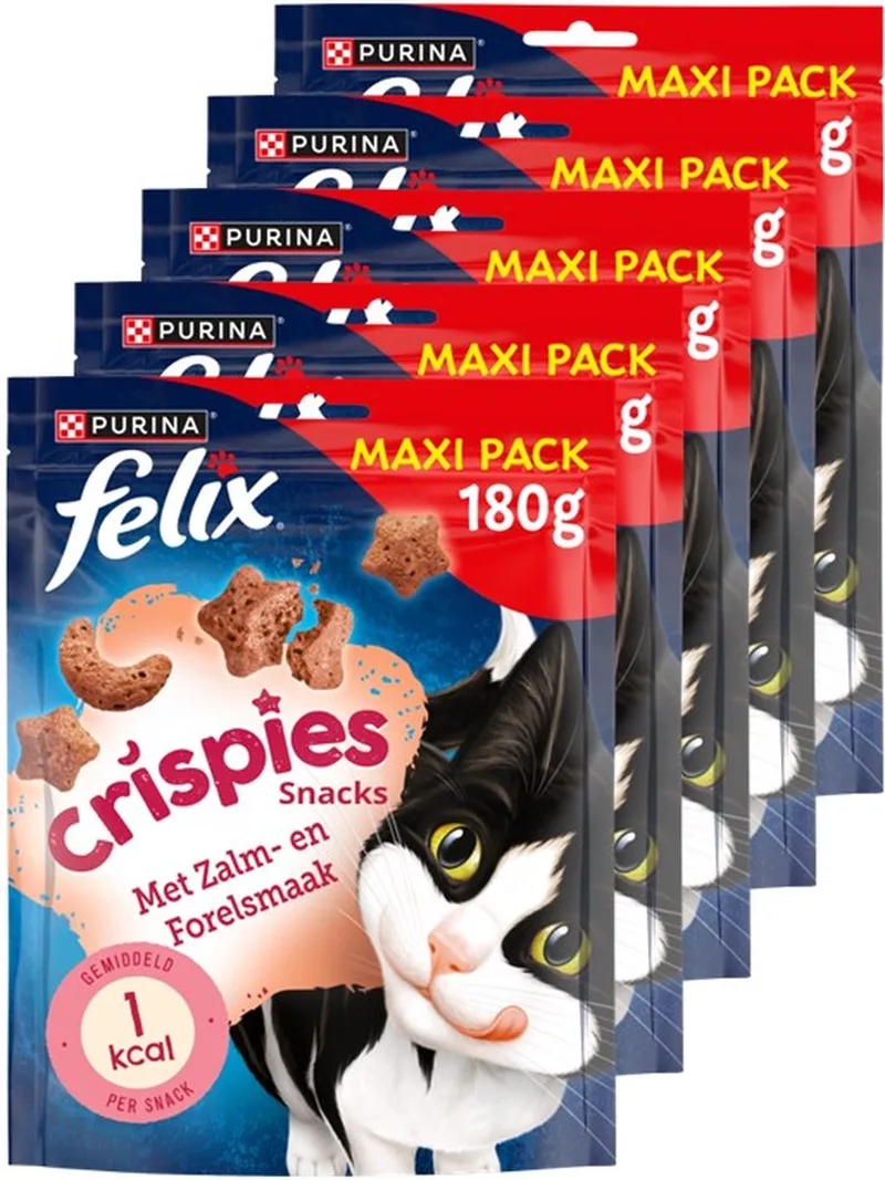 Crispies Maxipack - Kattensnack - Kattensnoepjes - Zalm & Forel - 5 x 180g de Felix – photo produit