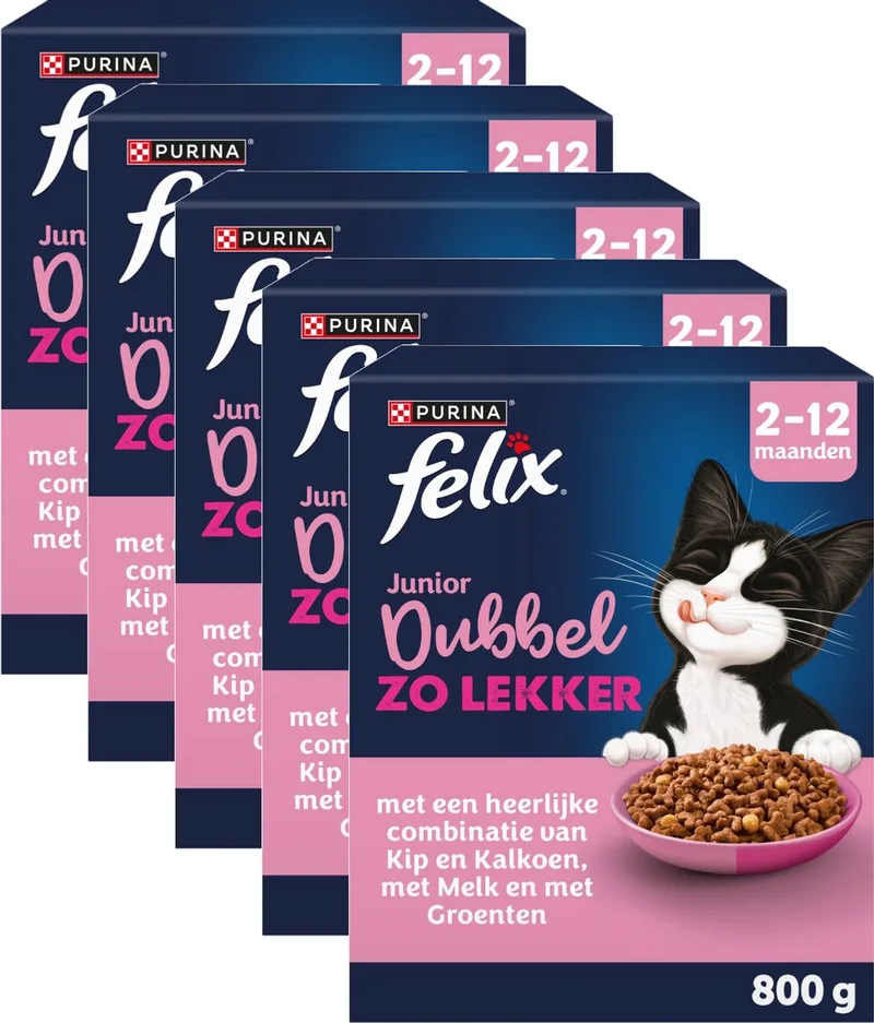 Dubbel Zo Lekker Junior 2-12 Kip en Kalkoen - Multipack - Katten Droogvoer - 4000g (5x800g) de Felix – photo produit