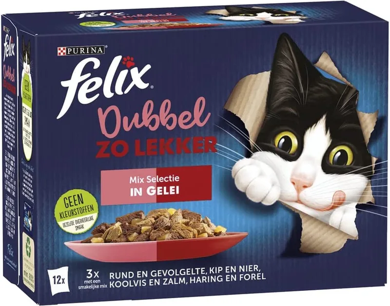 Dubbel Zo Lekker Mix Selectie kattenvoer, natvoer met Rund en Gevogelte, met Kip en Nier, met Koolvis en Zalm, met Haring en Forel in Gelei 12x85g - doos van 4 (48 portiezakjes, 4,08kg) by Felix – product photo