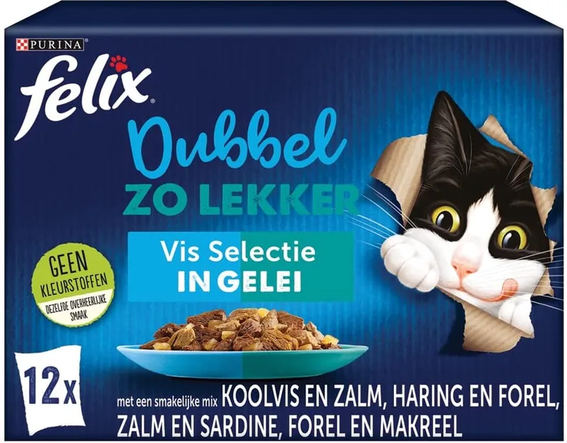 Dubbel Zo Lekker Vis Selectie kattenvoer, natvoer met Koolvis en Zalm, met Haring en Forel, met Zalm en Sardine, met Forel en Makreel in Gelei 12x85g - doos van 4 (48 portiezakjes, 4,08kg) von Felix – Produktfoto