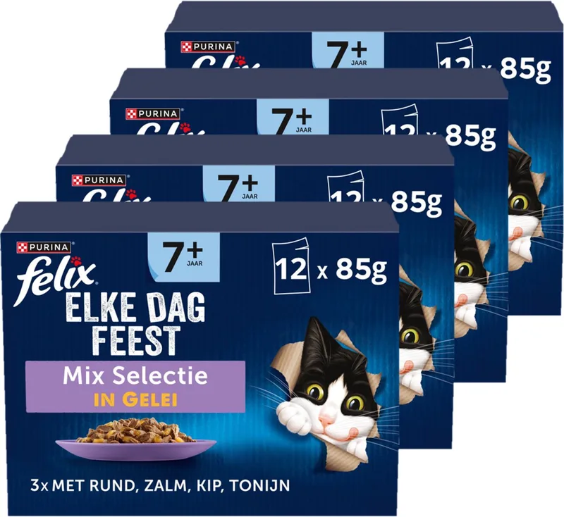 Elke Dag Feest 7+ Senior Mix Selectie - Kattenvoer Natvoer - Zalm Tonijn Kip & Rund - 48 x 85 g von Felix – Produktfoto