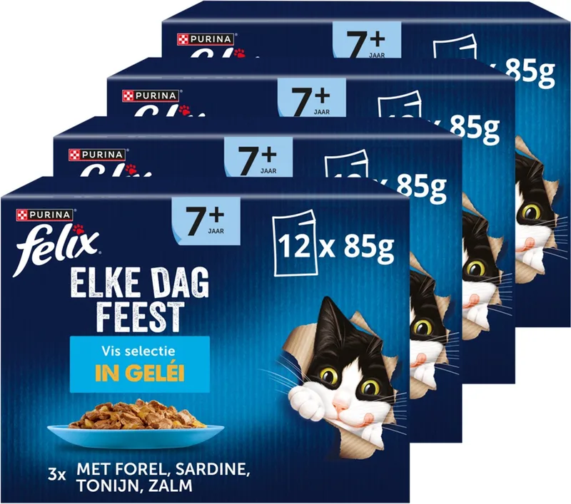 Elke Dag Feest 7+ Senior Vis Selectie - Kattenvoer Natvoer - Tonijn Zalm Sardines & Forel - 48 x 85 g by Felix – product photo