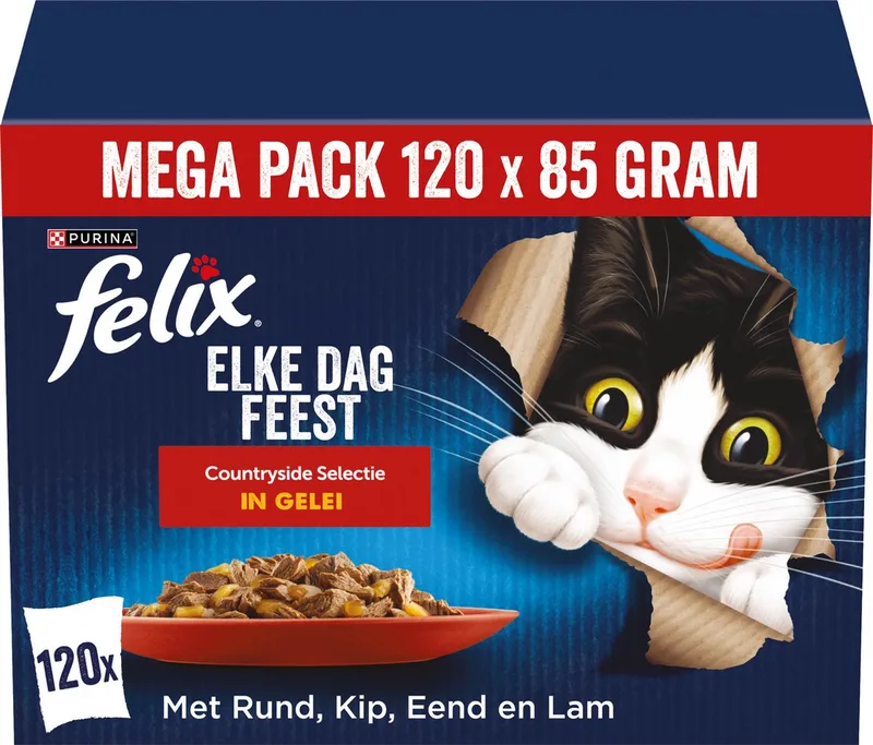 Elke Dag Feest Countryside Selectie - Kattenvoer Natvoer - Rund Kip Eend & Lam - 120 x 85 g von Felix – Produktfoto 1 von 2