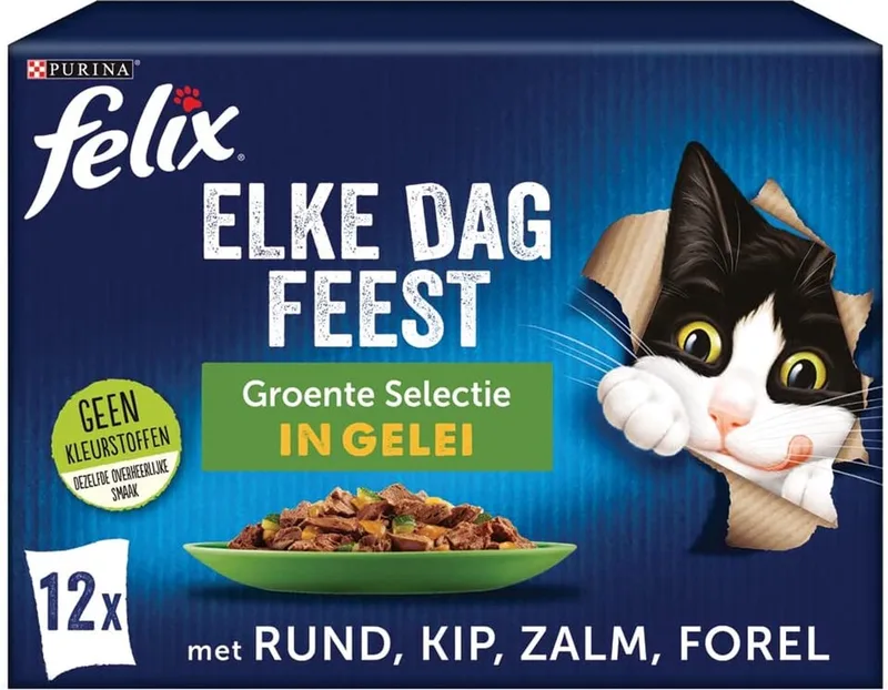 Elke Dag Feest Groente Selectie kattenvoer, natvoer met Rund en Wortel, met Kip en Tomaat, met Zalm en Courgette, met Forel en Sperziebonen 12x85g - doos van 4 (48 portiezakjes, 4,08kg) de Felix – photo produit