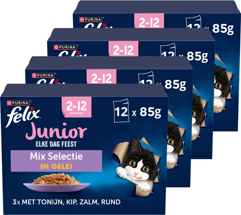 Elke Dag Feest in Gelei Junior Mix Selectie- Kattenvoer Natvoer - Tonijn Zalm Rund & Kip - 48 x 85 g de Felix – photo produit
