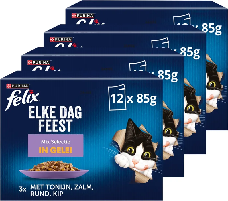 Elke Dag Feest in Gelei Mix Selectie - Kattenvoer Natvoer - Tonijn Zalm Rund & Kip - 48 x 85 g von Felix – Produktfoto