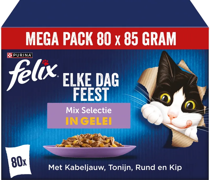 Elke Dag Feest Mix Selectie in Gelei - Kattenvoer Natvoer - Kabeljauw Tonijn Rund & Kip - 80 x 85 g de Felix – photo produit