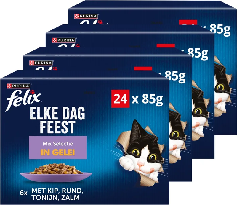 Elke Dag Feest Mix Selectie in Gelei - Kattenvoer Natvoer - Kip Rund Tonijn & Zalm - 96 x 85 g von Felix – Produktfoto