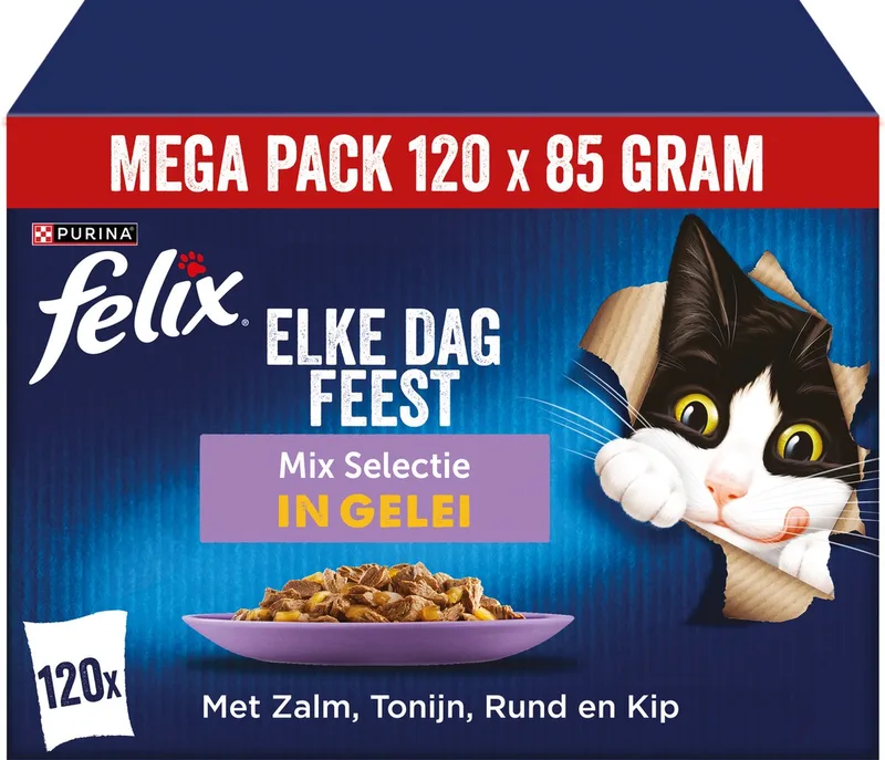 Elke Dag Feest Mix selectie in Gelei - Kattenvoer Natvoer - Zalm Tonijn Rund & Kip - 120 x 85 g de Felix – photo produit