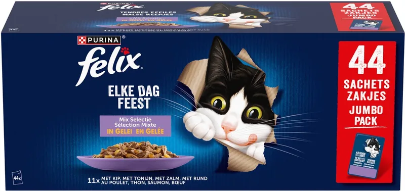 Elke Dag Feest Mix Selectie - Kattenvoer Natvoer - Kip Tonijn Zalm & Rund - 44 x 85 gr von Felix – Produktfoto