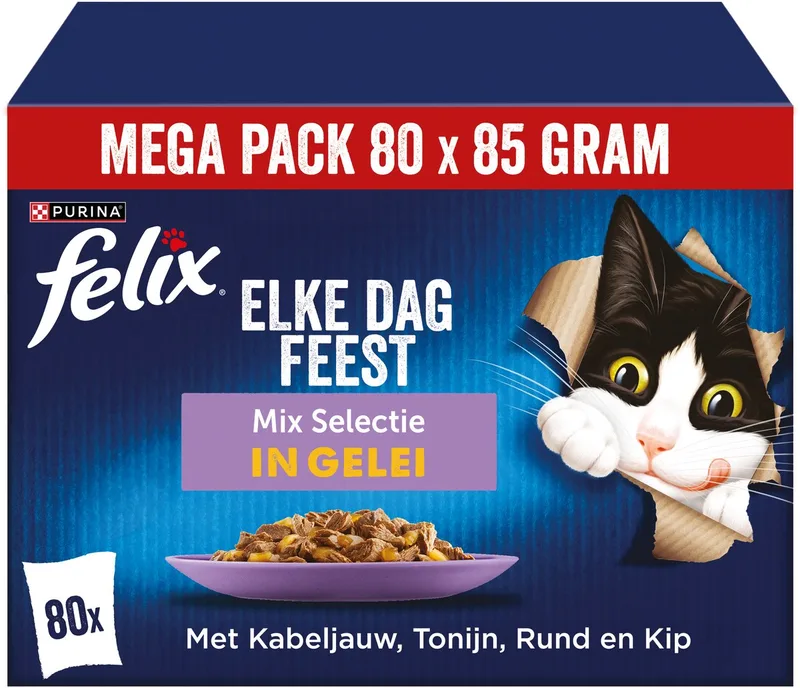 Elke Dag Feest mixed Selectie - Kattenvoer Natvoer - Kabeljauw, Zalm, Rund & Kip - 80 x 85 g by Felix – product photo