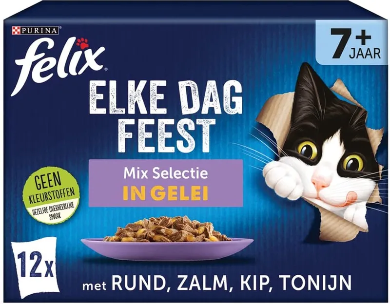 Elke Dag Feest Senior Mix Selectie kattenvoer, natvoer met Tonijn, met Zalm, met Kip en met Rund in Gelei 12x85g- doos van 4 (48 portiezakjes, 4,08kg) de Felix – photo produit