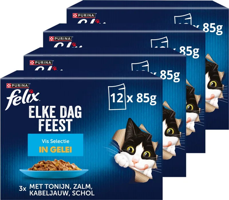 Elke Dag Feest Vis Selectie in Gelei - Kattenvoer Natvoer - Tonijn Zalm Kabeljauw & Schol - 48 x 85 g de Felix – photo produit