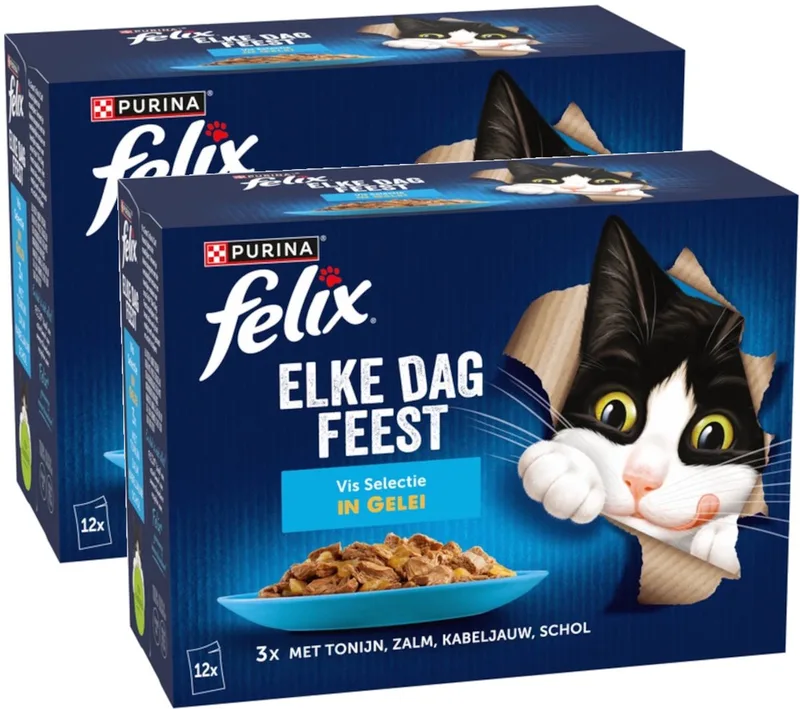 Elke Dag Feest Vis Selectie In Gelei Tonijn&Zalm&Pladijs - Multipack - Katten Natvoer - 2040g (2x12x85g) von Felix – Produktfoto