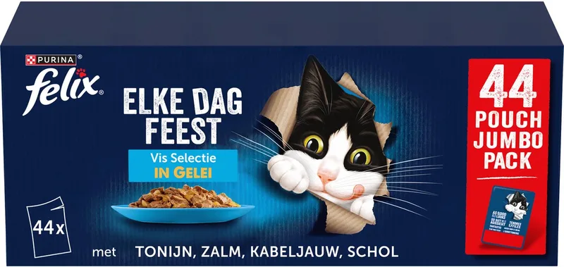 Elke Dag Feest Vis Selectie - Kattenvoer Natvoer - Tonijn, Kabeljauw, Zalm & Schol - 44 x 85 g by Felix – product photo