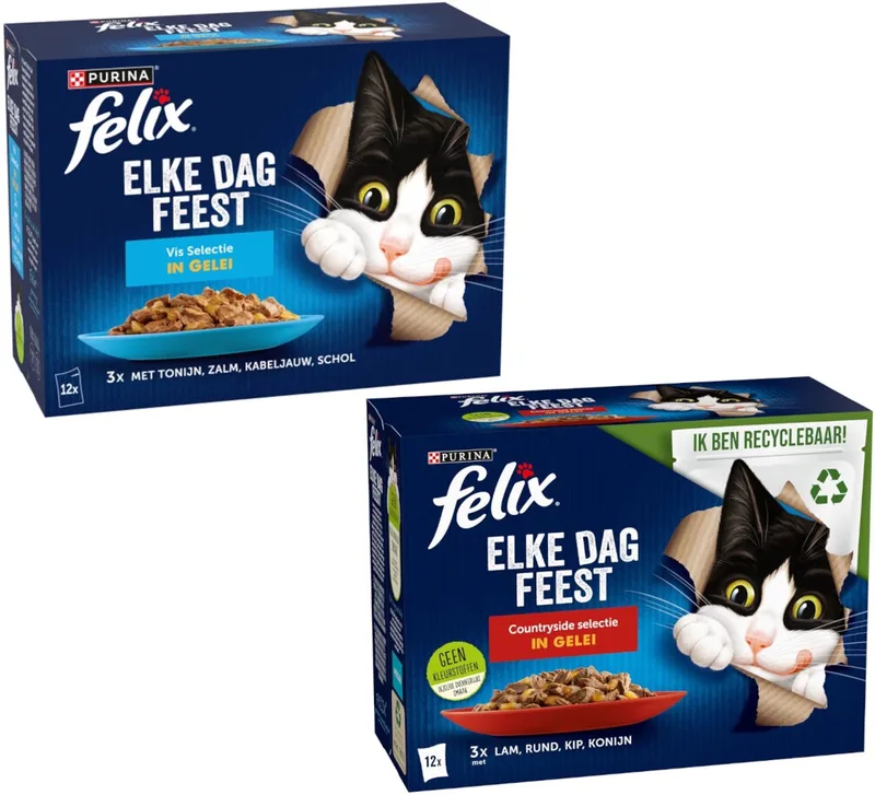 Elke Dag Feest Vis & Vlees Selectie In Gelei - Proefpakket - Katten Natvoer - 1020g (12x85g) + 1020g (12x85g) fra Felix – produktbillede