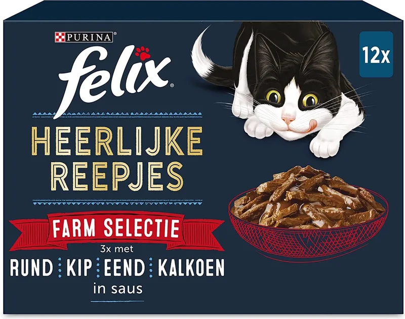 Heerlijke Reepjes Farm Selectie Kattenvoer, Natvoer met Rund, Kip, Eend, Kalkoen in Saus; 12 x 80g - doos van 4 (48 portiezakjes; 3,84kg) de Felix – photo produit