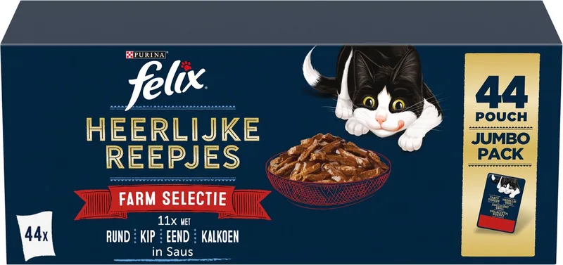 Heerlijke Reepjes Farm Selectie - Kattenvoer natvoer - Rund, Kip, Eend, Kalkoen - 44 x 80g fra Felix – produktbillede