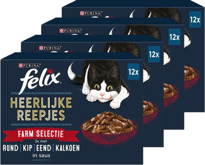 Heerlijke Reepjes Farm Selectie - Kattenvoer Natvoer - Rund Kip Eend & Kalkoen - 48 x 80 g by Felix – product photo