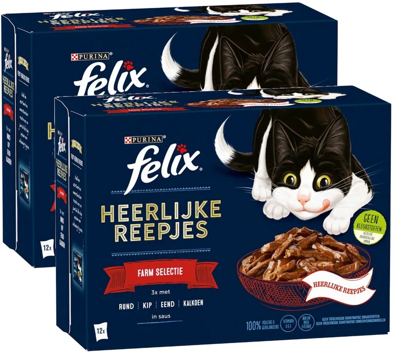 Heerlijke Reepjes Farm Selectie - Rund Kip Eend Kalkoen - Multipack - Katten Natvoer - 1920g (2x12x80g) von Felix – Produktfoto
