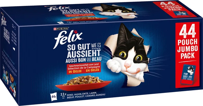katten Natvoer, adult, diverse smaken van het platteland in gelei, multipack (44 x 85g), 3,74 kg de Felix – photo produit