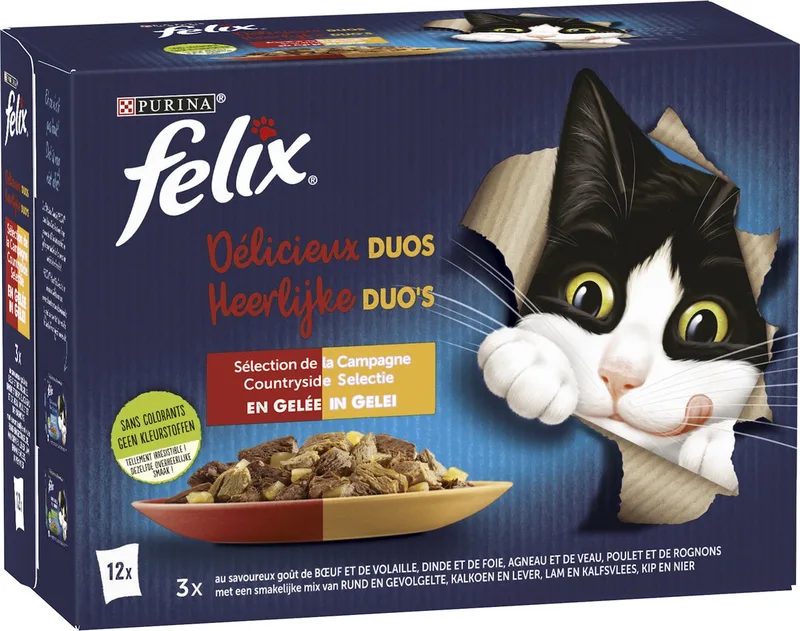 katten natvoer Duo's Countryside Selectie in Gelei 12 x 85 gram de Felix – photo produit