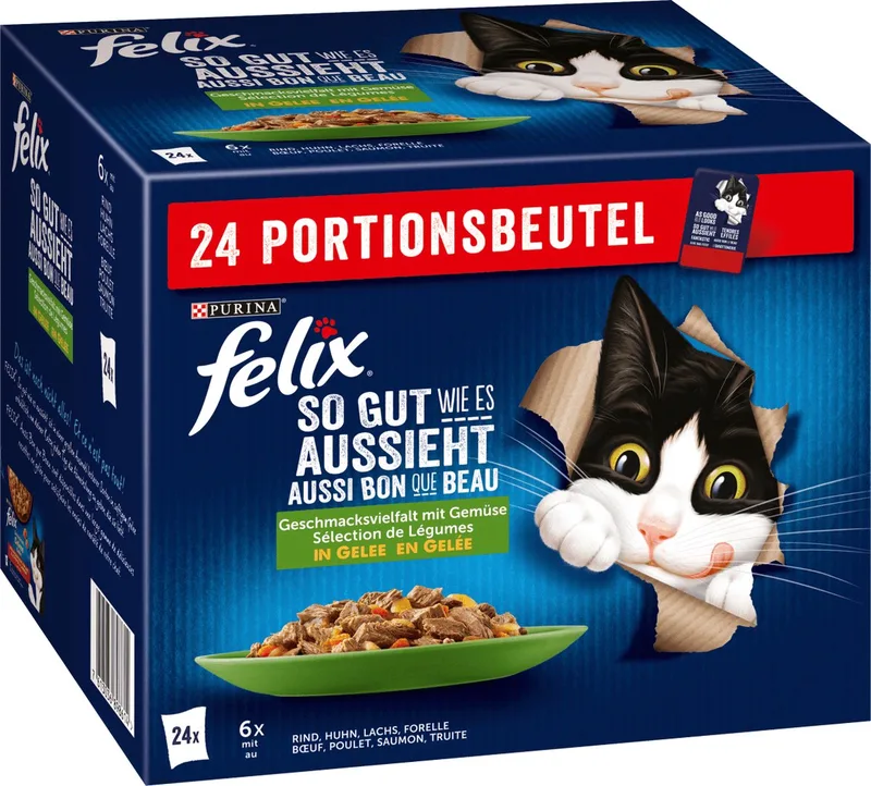 Katten natvoer, gemengde variatie met groenten in gelei, Adult, Multipack (24x85g), 2.04 kg von Felix – Produktfoto
