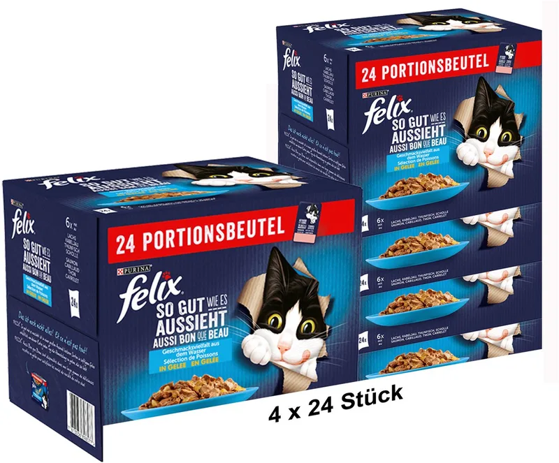 Katten natvoer, verschillende smaken van het water in gelei, Adult, Multipack (4 x 24 x 85g) by Felix – product photo