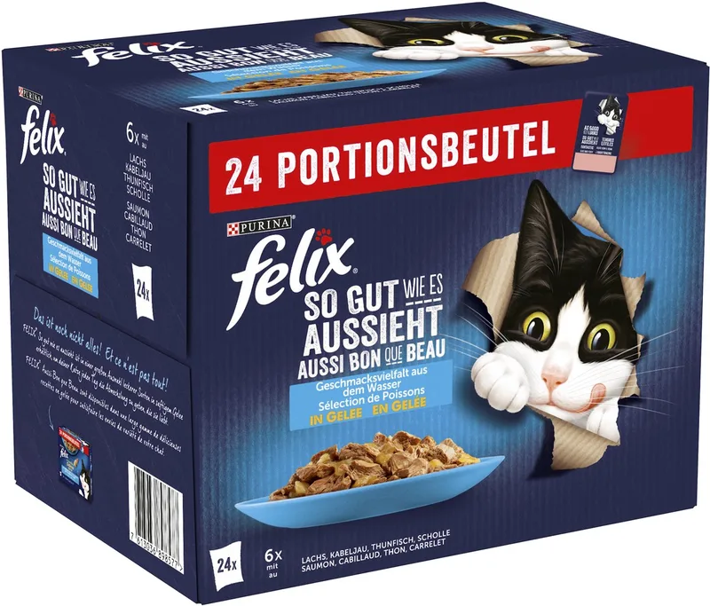 Katten natvoer, verschillende smaken van het water in gelei, Adult, Multipack (24x85g), 2.04 kg von Felix – Produktfoto