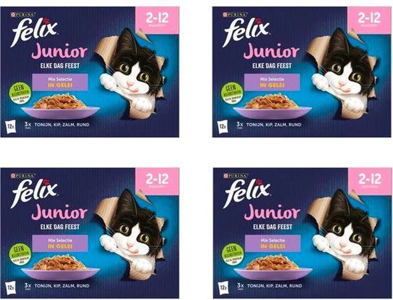 Kattenvoer - EDF junior mix selectie gelei - 12x85 gram per 4 verpakkingen de Felix – photo produit