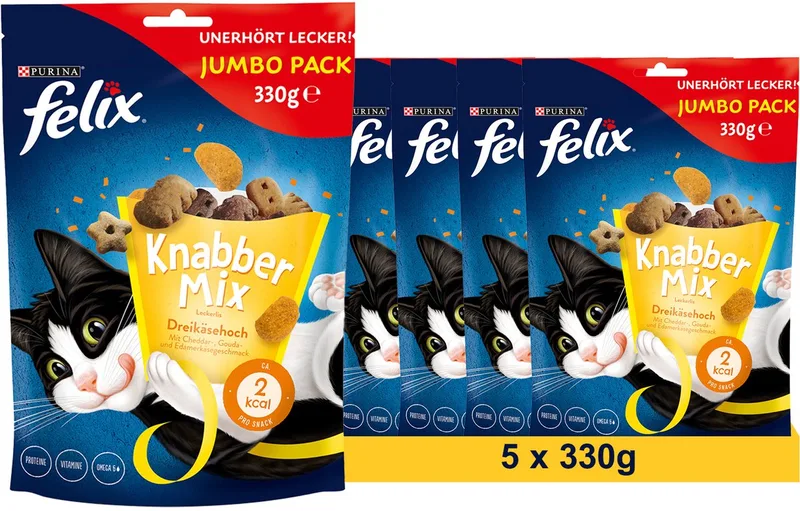 Knabber Mix Dreikäsehoch Knapperige kattensnack, 5 x 330 g by Felix – product photo