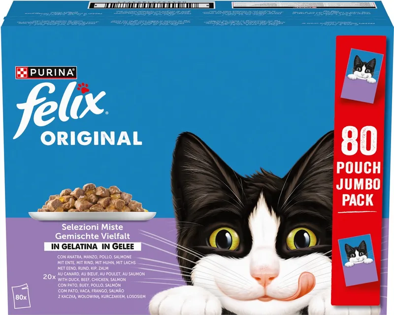 Mix selectie in Gelei - Kattenvoer Natvoer – Eend, Rund, Kip, & Zalm – 80 x 85 g von Felix – Produktfoto