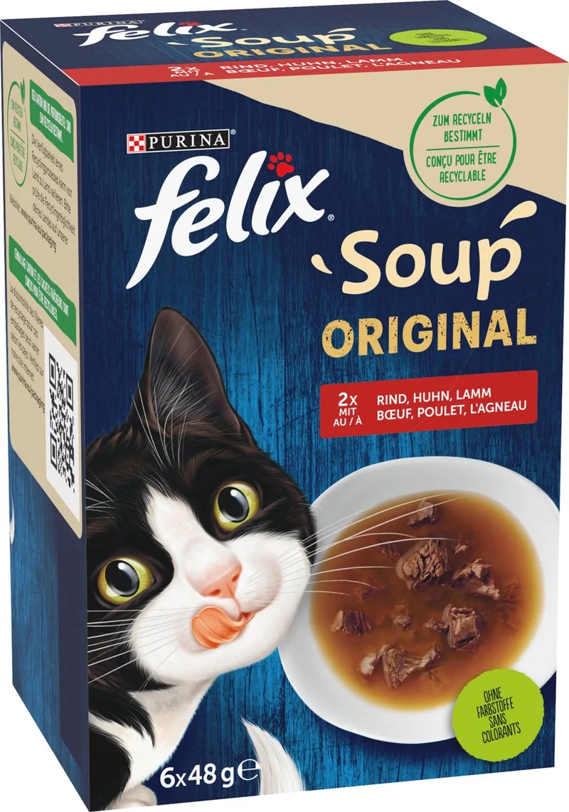 Nat Kattenvoer met Rund, Kip & Lam, Soep Original (6x48 g), 288 g de Felix – photo produit