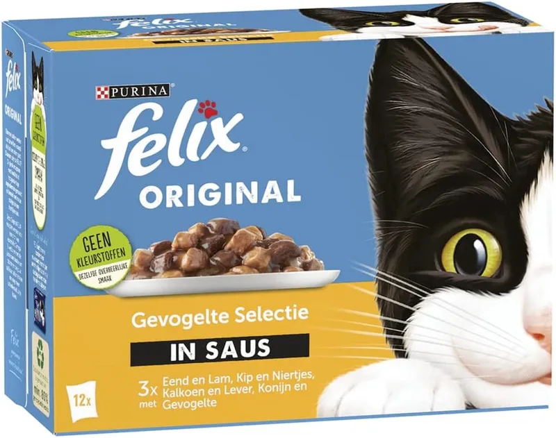Original Gevogelte Selectie kattenvoer, natvoer met Eend en Lam, met Kip en Niertjes, met Kalkoen en Lever, met Konijn en Gevogelte in Saus 12x85g - doos van 4 (48 portiezakjes, 4,08kg) by Felix – product photo
