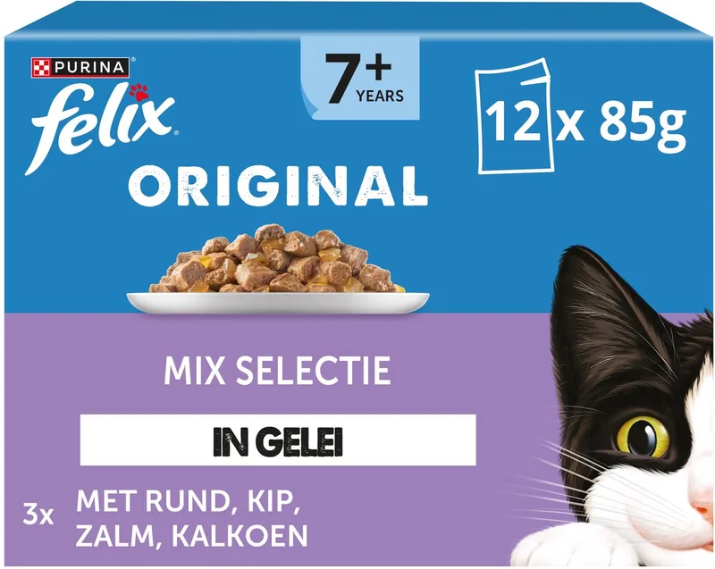 Original in Gelei 7+ Senior Mix Selectie - Kattenvoer Natvoer - Rund Kip Kalkoen & Zalm - 48 x 85 g by Felix – product photo