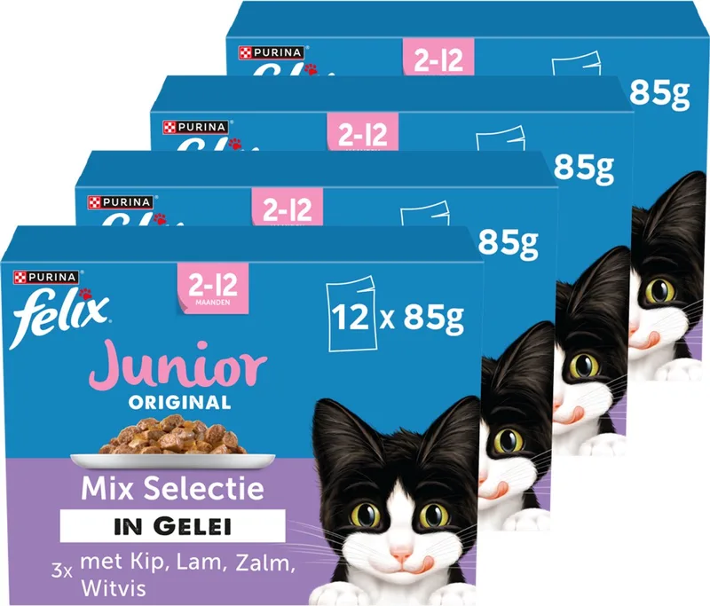 Original Junior Mix Selectie in Gelei - Kattenvoer Natvoer - Kip Lam Zalm en Witvis - 48 x 85 g de Felix – photo produit