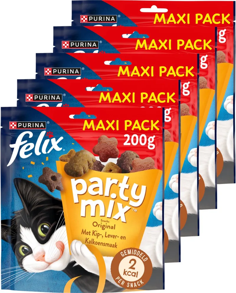 Party Mix Original - Kattensnacks - Kattensnoepjes - Kip Kalkoen & Lever - 5 x 200 g von Felix – Produktfoto