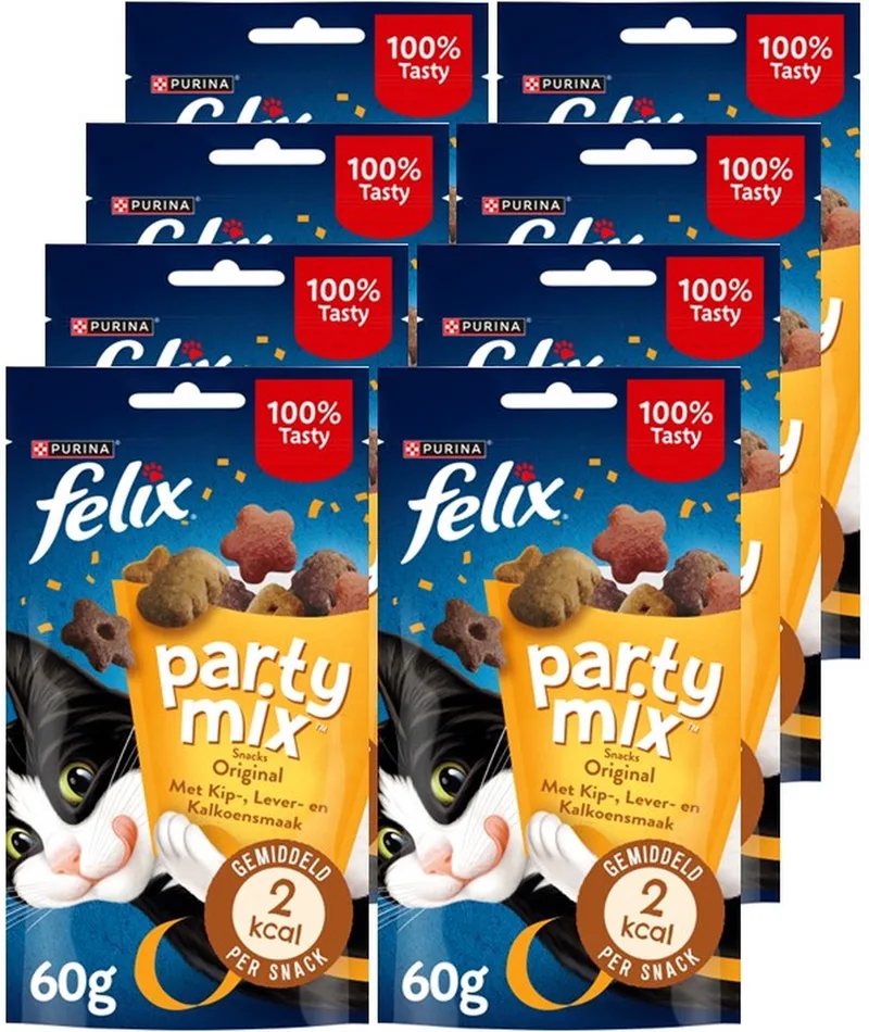 Party Mix Original - Kattensnacks - Kattensnoepjes - Kip Kalkoen & Lever - 8 x 60 g by Felix – product photo