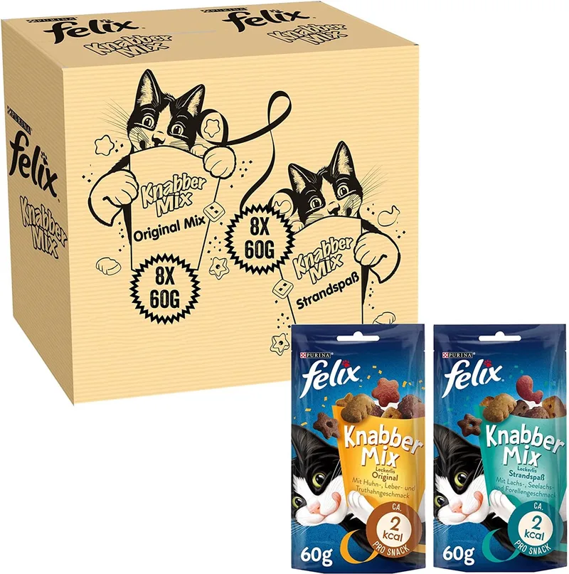 Party Mix Original / Seaside Kattensnacks met Kip-, Lever-, Kalkoen, Zalm-, Koolvis- & Forelsmaak, 60g - doos van 16 (960g) von Felix – Produktfoto