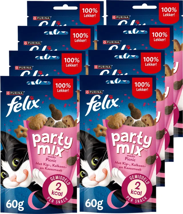 Party Mix Pic Nic - Kattensnacks - Kattensnoepjes - Kip Kalkoen & Kaas - 8 x 60 g
