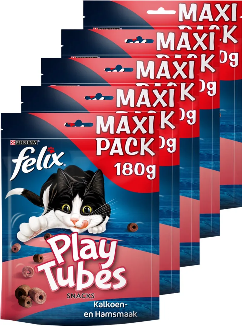 PlayTubes - Kattensnacks - Kattensnoepjes - Kalkoen & Ham - 5 x 180 g de Felix – photo produit