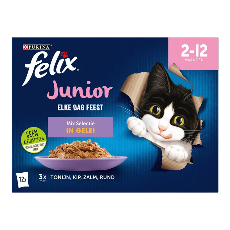 premium kwaliteit junior kattenvoer gemengde smaken 12 x 85 g (2-12 maanden) van Felix – productfoto