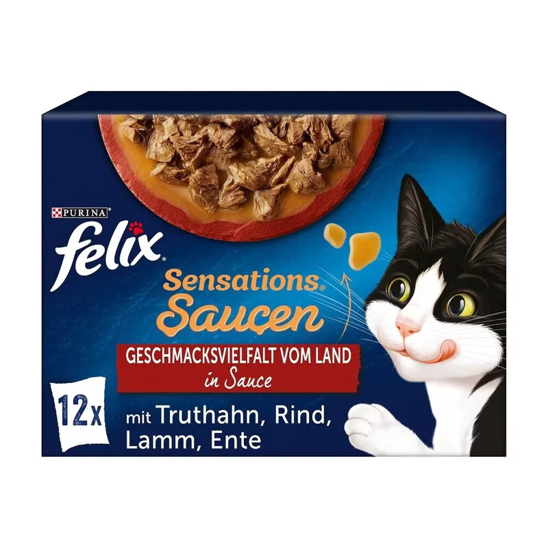 Sensations Saucen Nassfutter für Katzen Land-Vielfalt, 12 x 85 g – Zarte Stückchen in aromatischer Sauce, Verschiedene Fleischsorten von Felix – Produktfoto